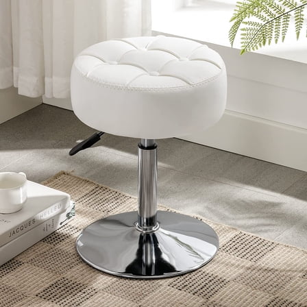 Adjustable Vanity Stool, 360 Swivel Chair for  Room, White Faux Leather Stool for Bathroom &  Room