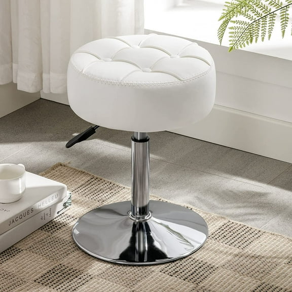 Adjustable Vanity Stool, 360 Swivel Chair for  Room, White Faux Leather Stool for Bathroom &  Room