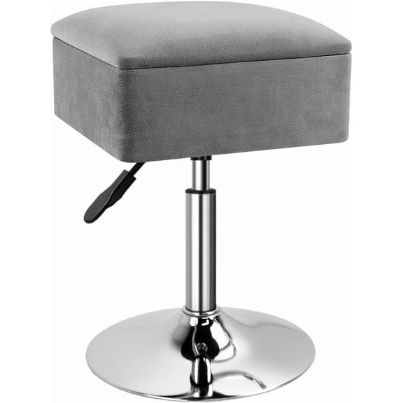 Adjustable Vanity Stool with Storage Velvet 360 Swivel Makeup Stool Small Ottoman Chair Metal Base for Vanity Bedroom Living Room Lab Salon Studio Counter Desk (Gray)