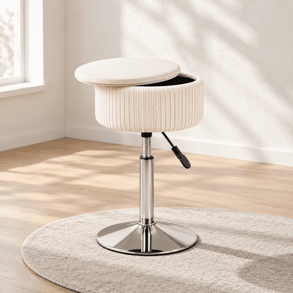 Adjustable Vanity Stool With Stor Swivel Chair Beige