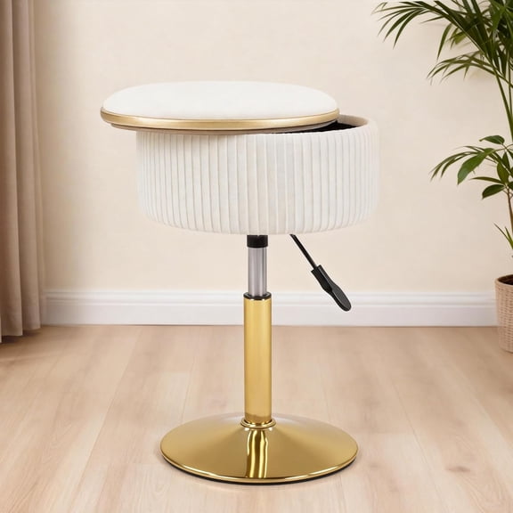 Adjustable Vanity Stool with Storage, 360 Swivel Gold Chair, Velvet Small Round Ottoman Footrest for Bathroom, Makeup Room, Beige