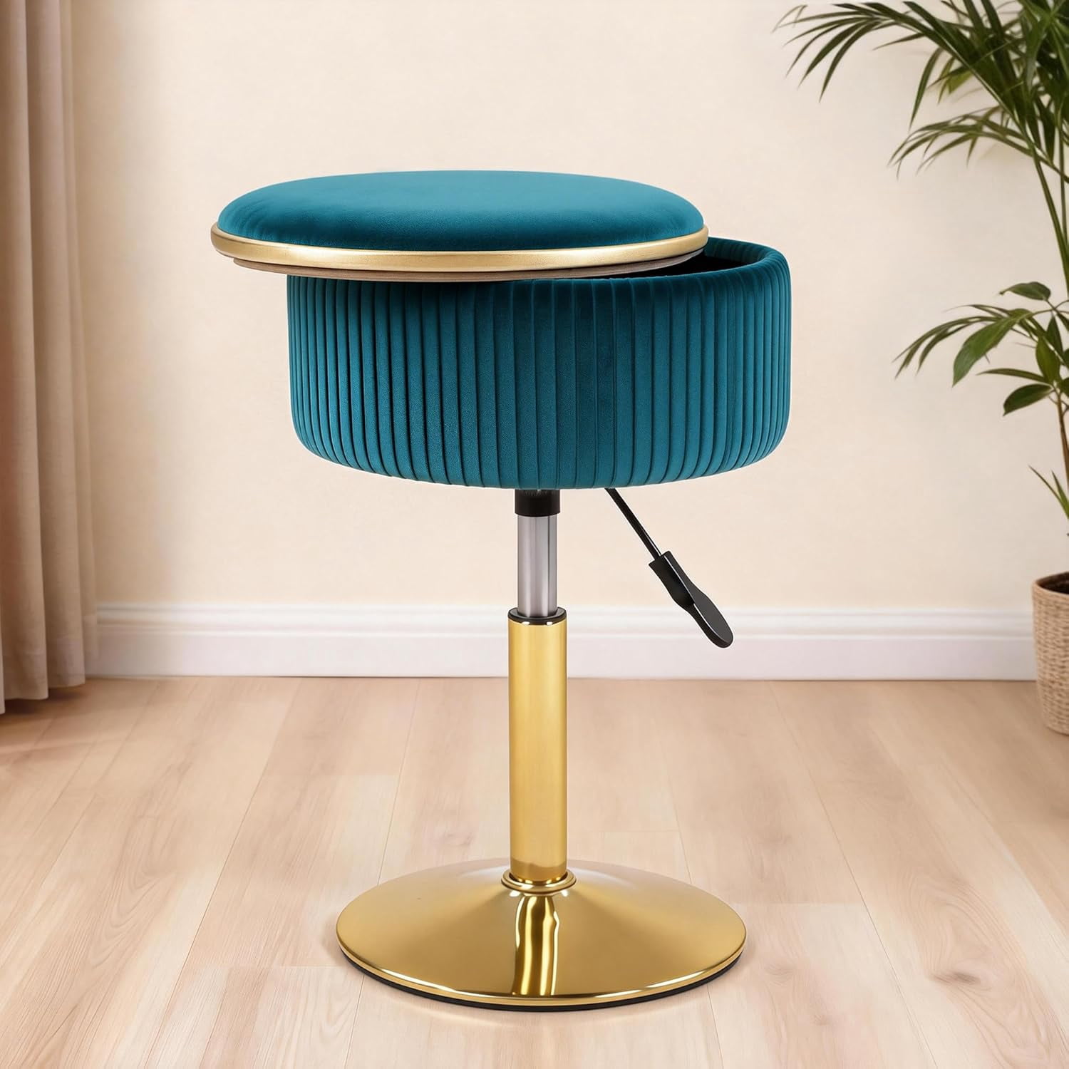 Adjustable Vanity Stool with Storage, 360° Swivel Gold Chair, Velvet ...