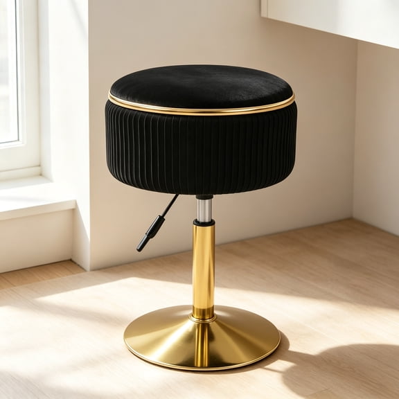 Adjustable Vanity Stool with Storage 360 Swivel Makeup Chair, Small Velvet Round Ottoman with Gold Base, Black for Bedroom