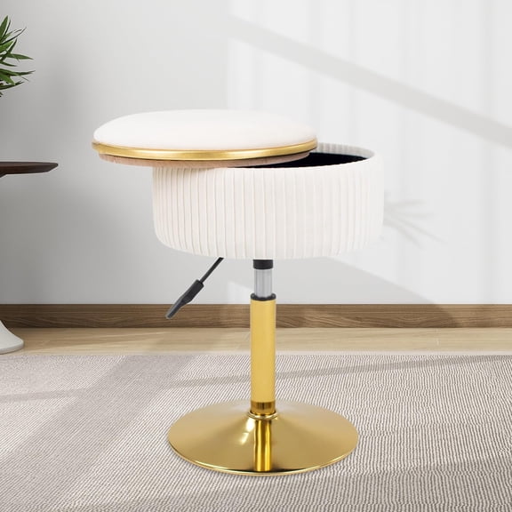 Adjustable Vanity Stool with Storage, 360° Swivel Makeup Stool Chair Small Velvet Round Ottoman with Gold Base for Bedroom (Beige)
