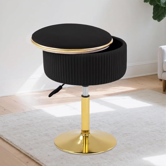 Adjustable Vanity Stool with Storage, 360° Swivel Makeup Stool Chair Small Velvet Round Ottoman with Gold Base for Bedroom (Black)