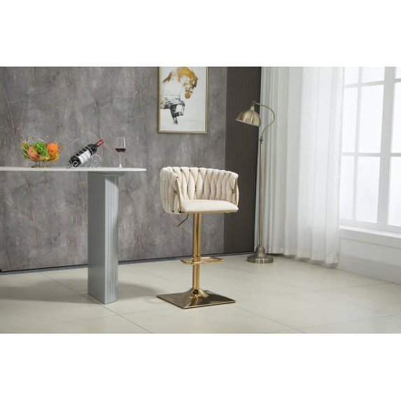 Adjustable Velvet Bar Stool, Modern Velvet Bar Stools, Swivel Counter Height Barstools Bar Height, Counter Stools Kitchen Bar Chairs Upholstered Island Stools Chair with Golden Base, 1 PCS, Ivory