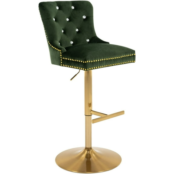 Adjustable Velvet Bar Stools with Back, Fashionable Swivel Counter Height Bar Chairs with Thick Cushion, Crystal Button Tufting and Gold Nailhead Trim for Kitchen, Dining, Pub, or Café (Olive Green)