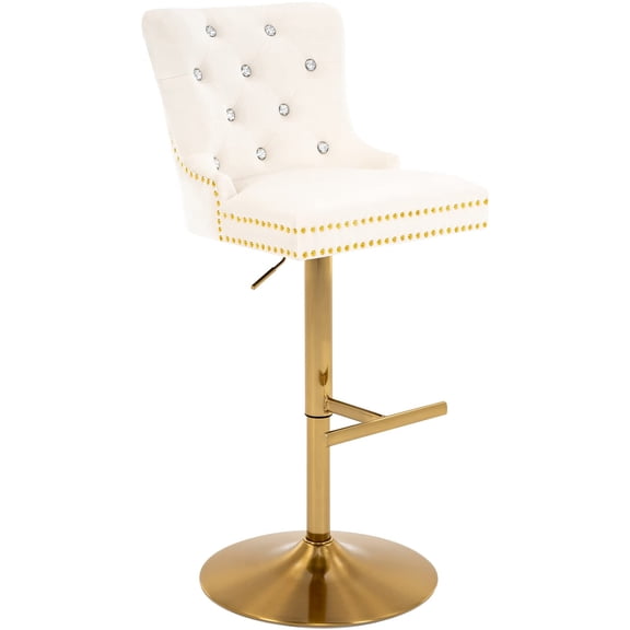 Adjustable Velvet Bar Stools with Back, Fashionable Swivel Counter Height Bar Chairs with Thick Cushion, Crystal Button Tufting and Gold Nailhead Trim for Kitchen, Dining, Pub, or Café (White)