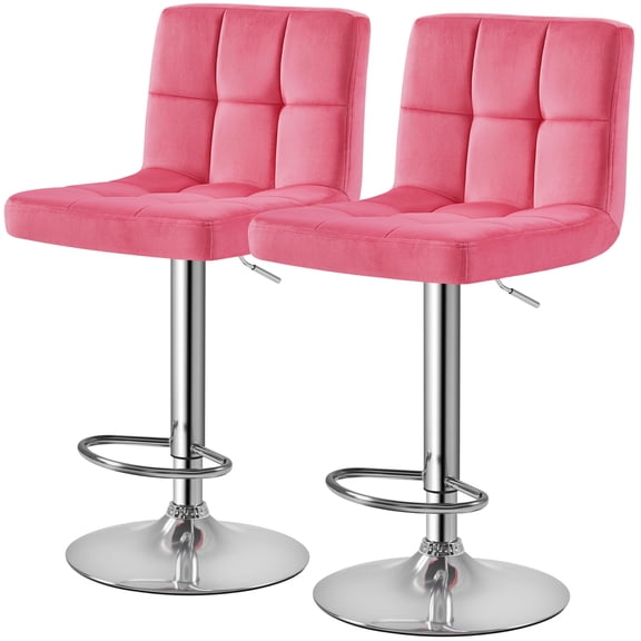 Adjustable Velvet Bar Stools Set of 2, Modern Counter Height Swivel Stools with Bigger Chrome Base, Comfortable Kitchen Island Chairs with Footrest, Pink