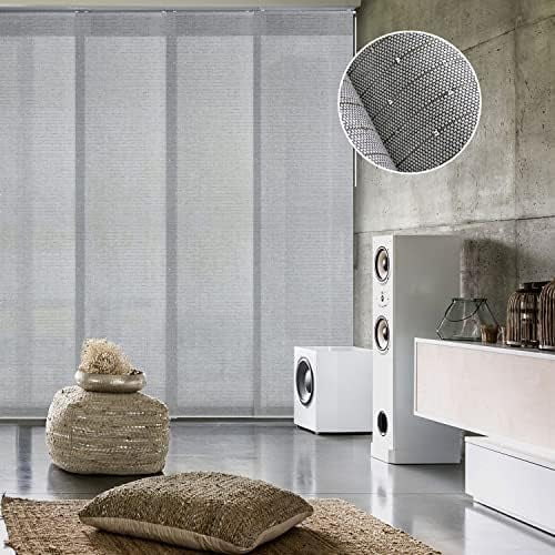 Adjustable Vertical Blinds for Sliding Doors, Extendable Track from 45.8" to 86" W, Trimmable Panel Curtains Up to 96", Semi-Sheer Panels with Shimmering Sequins, Diamond Silver