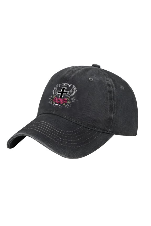 Adjustable Vintage Cotton Washed Distressed Baseball Cap - Black Cross with Wings & Red Roses ' THIP MR ' Design