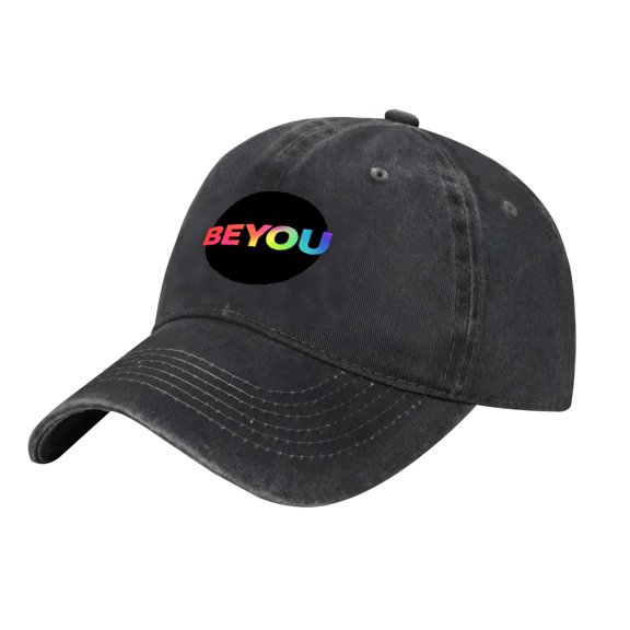 Adjustable Vintage Cotton Washed Distressed Baseball Cap - Black Denim with Colorful ' BEYOU ' on Oval Background Perfect Golf Dad Hat for Men & Women