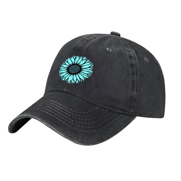 Adjustable Vintage Cotton Washed Distressed Baseball Cap - Black Denim Dad Hat with Light Blue Flower Design for Men & Women