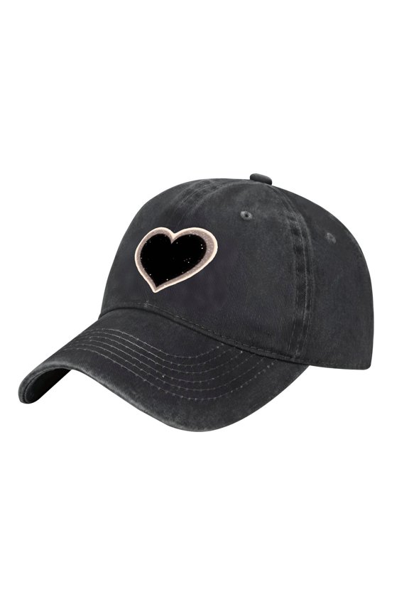 Adjustable Vintage Cotton Washed Distressed Baseball Cap - Black Denim with Central Heart Design in Black & Beige