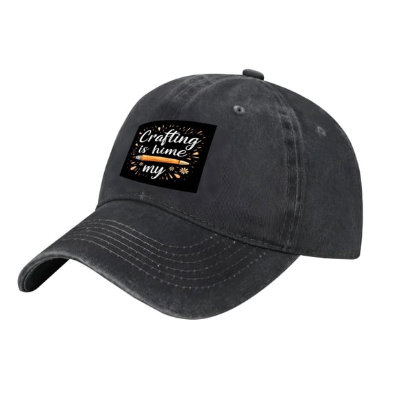 Adjustable Vintage Cotton Washed Distressed Baseball Cap - Black Denim with ' Crafting is home my ' Patch in White & Orange Curved Brim