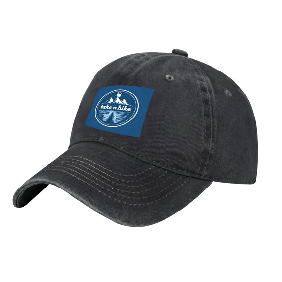 Adjustable Vintage Cotton Washed Distressed Baseball Cap - Black with Blue Mountain & Sun Patch " Take a Hike " Design for Men & Women