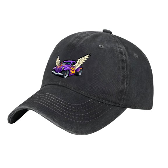 Adjustable Vintage Cotton Washed Distressed Baseball Cap - Black with Colorful Retro Purple Car Flames & Wings Design for Men & Women
