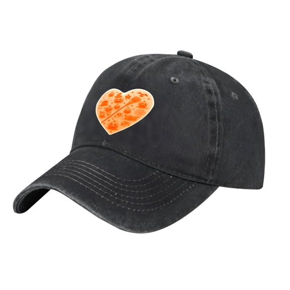 Adjustable Vintage Cotton Washed Distressed Baseball Cap - Black with Heart Design Halloween Illustrations of Pumpkins Bats Hat