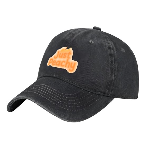 Adjustable Vintage Cotton Washed Distressed Baseball Cap - Black with Playful ' Just Peachy ' Peach & Flame Graphic for Men & Women
