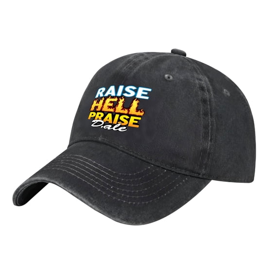 Adjustable Vintage Cotton Washed Distressed Baseball Cap - Black with " RAISE HELL PRAISE " Design in Blue Orange Flames & White Cursive