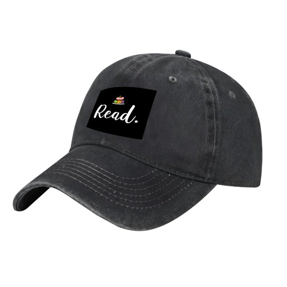 Adjustable Vintage Cotton Washed Distressed Baseball Cap - Black with ' Read ' Patch Book & Cupcake Design Curved Brim Dad Hat