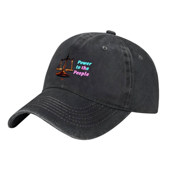 Adjustable Vintage Cotton Washed Distressed Baseball Cap - Black with Scale & ' Power to the People ' in Blue & Pink