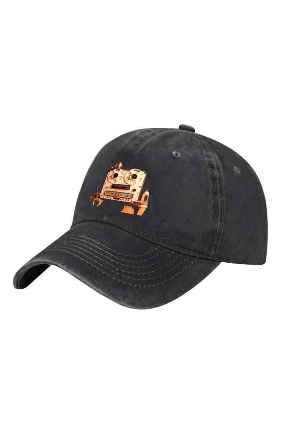 Adjustable Vintage Cotton Washed Distressed Baseball Cap - Black with Smiling Cassette Tape Monkey & Hand Graphics - Golf Dad Hat for Men & Women