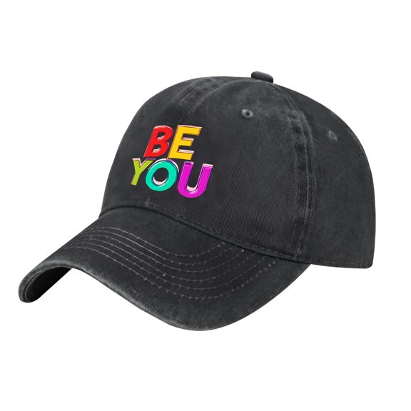 Adjustable Vintage Cotton Washed Distressed Baseball Cap - Colorful ' BE YOU ' 3D Letters Glossy Finish Denim Dad Hat for Men & Women