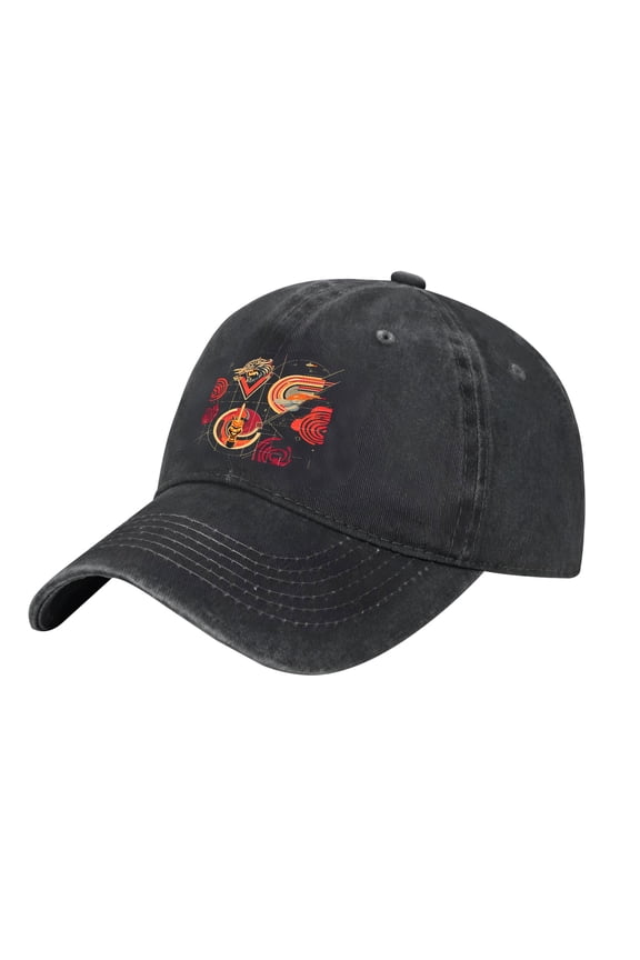 Adjustable Vintage Cotton Washed Distressed Baseball Cap - Colorful Dragon Graphic with Geometric Shapes & Swirling Patterns