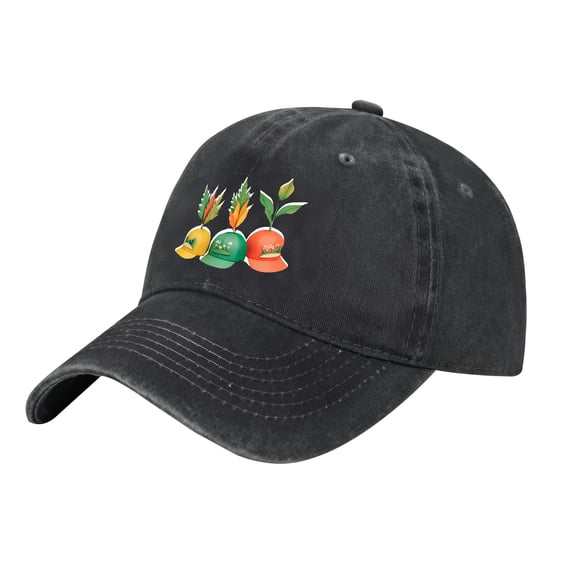 Adjustable Vintage Cotton Washed Distressed Baseball Cap - Colorful PLU Hat Illustrations with Leaf Designs for Men & Women