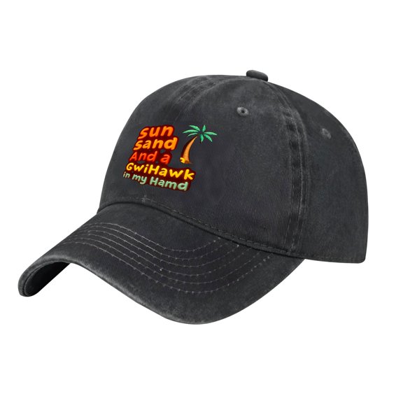 Adjustable Vintage Cotton Washed Distressed Baseball Cap - Colorful ' Sun Sand And A Gwihawk In My Hand ' Design with Palm Tree & Bird