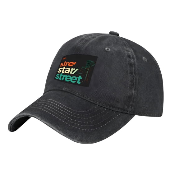 Adjustable Vintage Cotton Washed Distressed Baseball Cap - Dark Denim with Colorful ' sleestar street ' Patch & Street Light Graphic