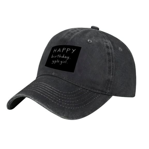 Adjustable Vintage Cotton Washed Distressed Baseball Cap - Dark Gray with Black Patch ' HAPPY birthday y ' all ' Design Curved Brim