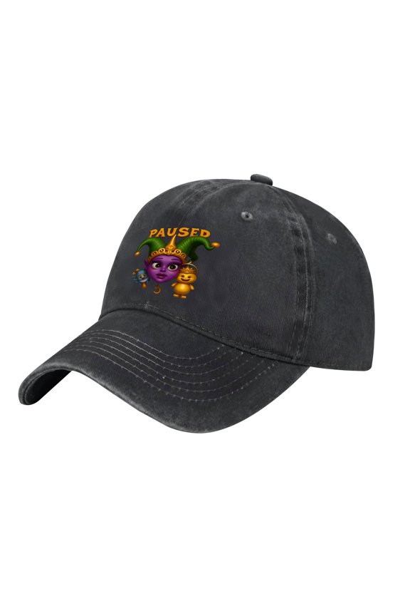 Adjustable Vintage Cotton Washed Distressed Baseball Cap - Dark Gray with Colorful Jester Graphic & ' PAUSED ' in Bold Orange