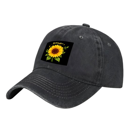 Adjustable Vintage Cotton Washed Distressed Baseball Cap - Dark Gray with Vibrant Sunflower Patch & ' Birthday ' Text Perfect for Men & Women