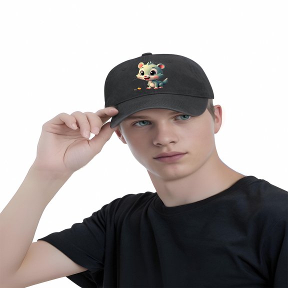 Adjustable Vintage Cotton Washed Distressed Baseball Cap - Design with Light Blue Mouse Pink Ears & Orange Accents