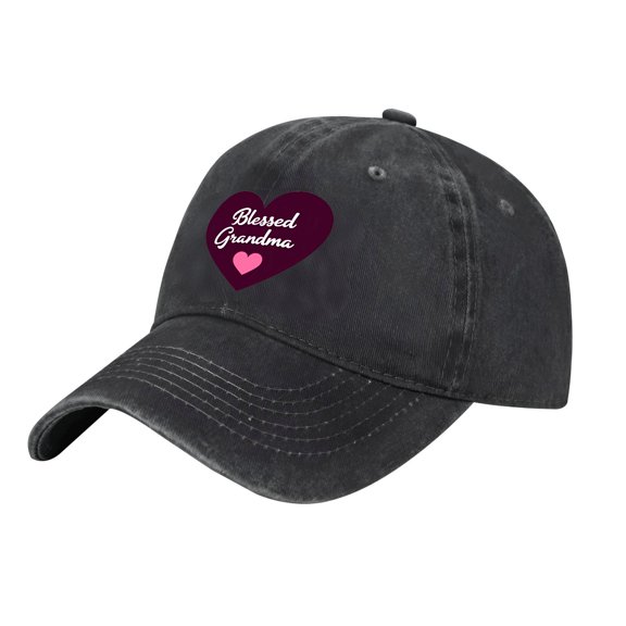 Adjustable Vintage Cotton Washed Distressed Baseball Cap - Elegant Black Cap with Purple Heart ' Blessed Grandma ' Patch for Men & Women