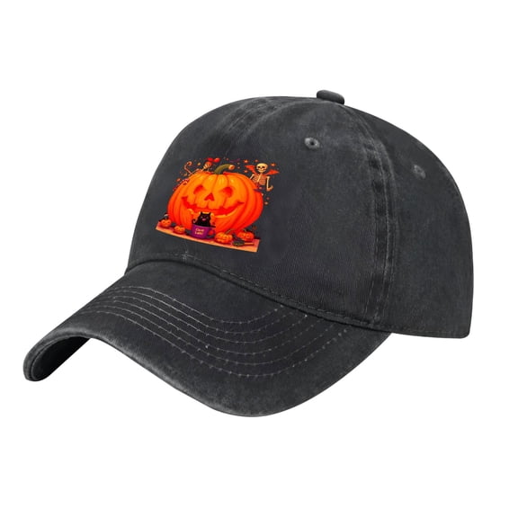 Adjustable Vintage Cotton Washed Distressed Baseball Cap - Festive Halloween Design with Pumpkins Skeletons and a Black Cat