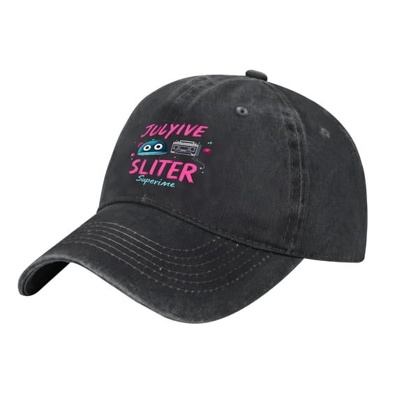 Adjustable Vintage Cotton Washed Distressed Baseball Cap - Fun Cartoon Design with ' JULYIVE SLITER ' & Boombox for Men & Women