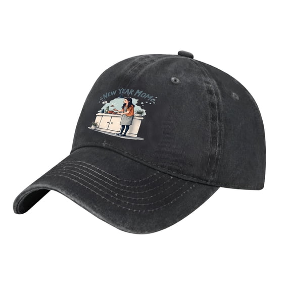 Adjustable Vintage Cotton Washed Distressed Baseball Cap - Fun ' NEW YEAR MOM ' Cartoon Design with Cooking Theme & Playful Elements