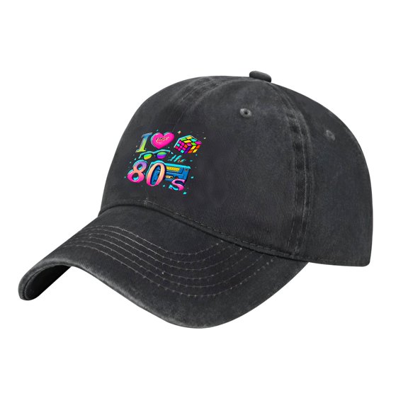 Adjustable Vintage Cotton Washed Distressed Baseball Cap - ' I ❤️ 80s ' Design with Cassette Tape & Boombox Perfect Golf Dad Hat for Men & Women
