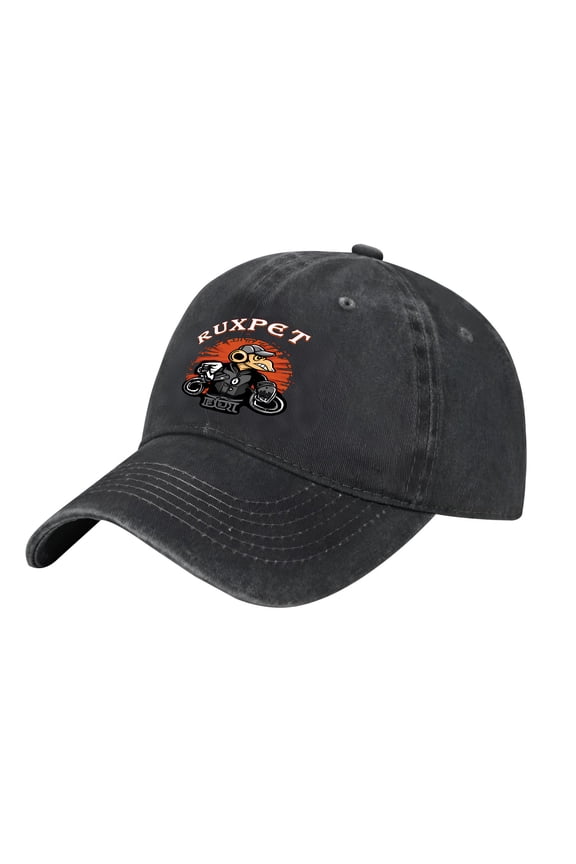 Adjustable Vintage Cotton Washed Distressed Baseball Cap - Monkey on Motorcycle Graphic with ' RUXPET ' in Bold White Orange Splash Design