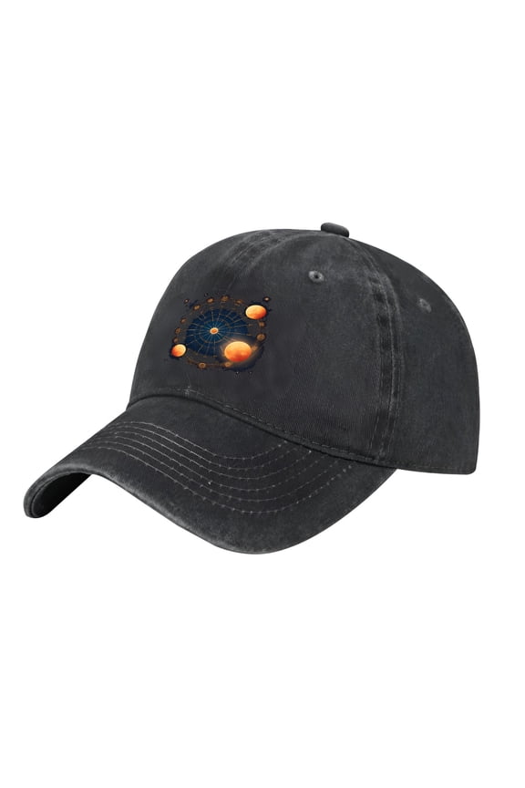 Adjustable Vintage Cotton Washed Distressed Baseball Cap - Solar System Design with Orange & Blue Planets on Dark Blue Background