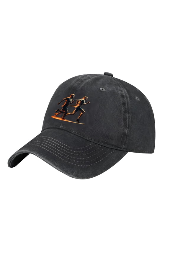 Adjustable Vintage Cotton Washed Distressed Baseball Cap - Sporty Black Hat with Orange Runners Graphic for Men & Women