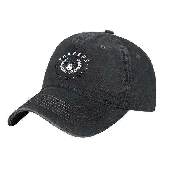Adjustable Vintage Cotton Washed Distressed Baseball Cap - Stylish Black Cap with Circular ' THAKERS ' & Emblem for Men & Women