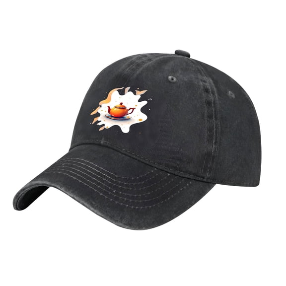 Adjustable Vintage Cotton Washed Distressed Baseball Cap - Stylish Black Cap with Orange Teapot Graphic & Abstract Swirls for Men & Women