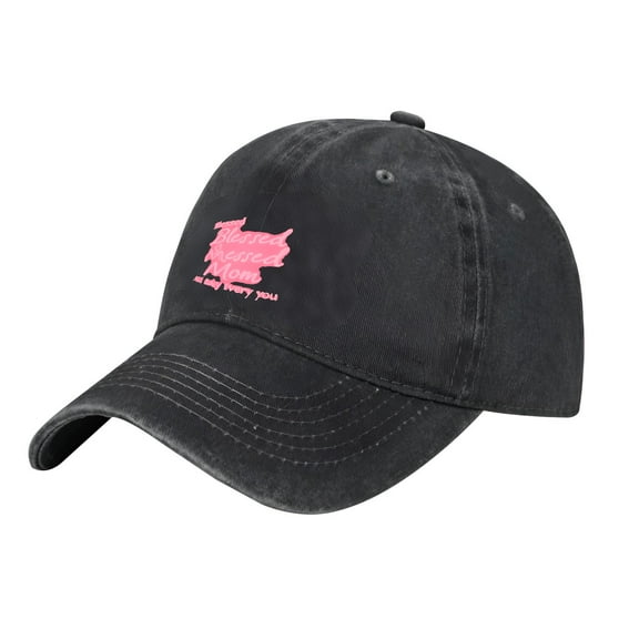Adjustable Vintage Cotton Washed Distressed Baseball Cap - Stylish Black Cap with Pink & White ' Blessed ' Design for Men & Women