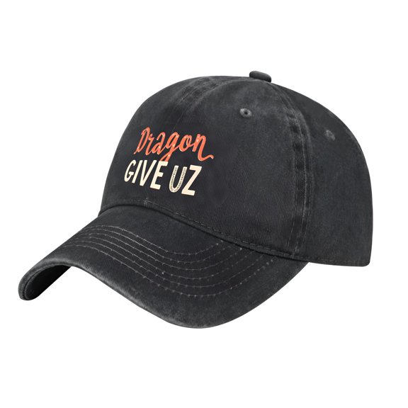 Adjustable Vintage Cotton Washed Distressed Baseball Cap - Stylish Black Hat with ' Dragon ' in Orange Cursive & ' Give UZ ' Bold Design for Men & Women