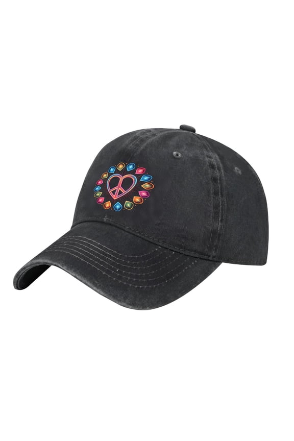 Adjustable Vintage Cotton Washed Distressed Baseball Cap with Colorful Heart Peace Sign Design & Teardrop Pattern for Men & Women