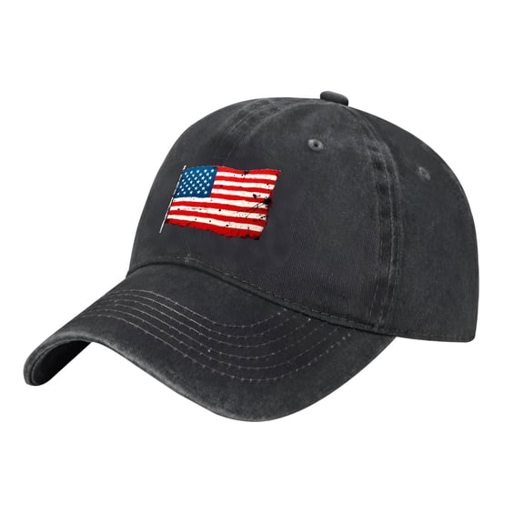 Adjustable Vintage Cotton Washed Distressed Baseball Cap with Curved Brim Featuring a Distressed American Flag Design for Men & Women